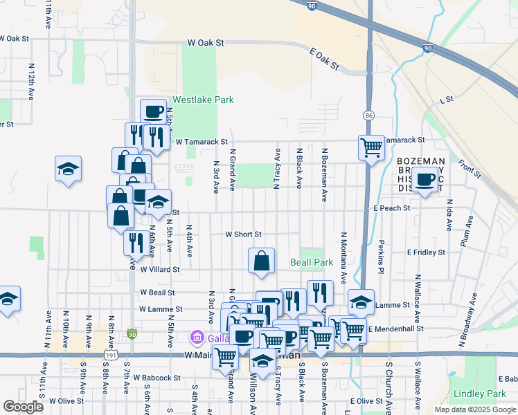 map of restaurants, bars, coffee shops, grocery stores, and more near 100-152 W Peach St in Bozeman
