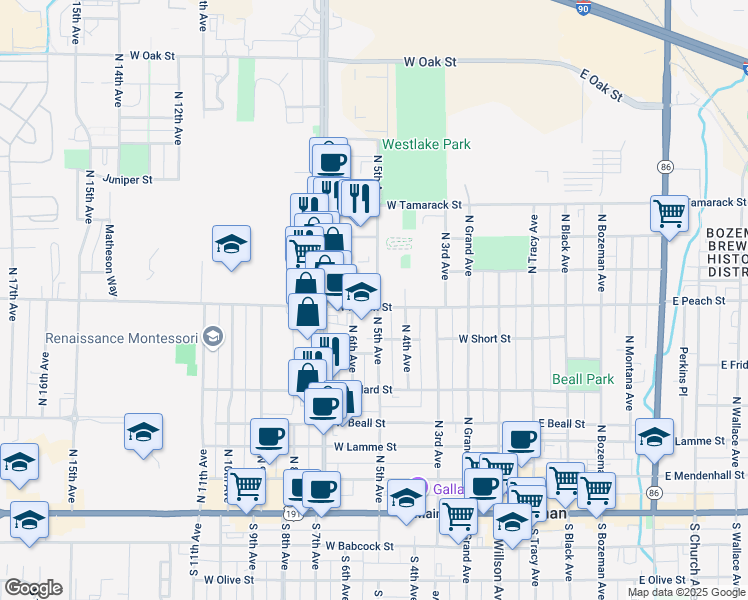 map of restaurants, bars, coffee shops, grocery stores, and more near 522 North 5th Avenue in Bozeman