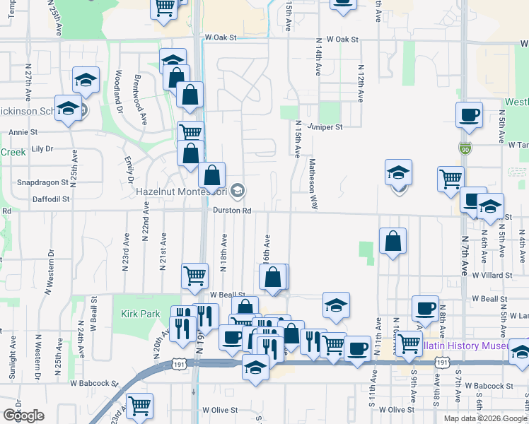 map of restaurants, bars, coffee shops, grocery stores, and more near 1604 Durston Road in Bozeman
