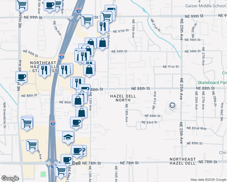 map of restaurants, bars, coffee shops, grocery stores, and more near 1528 Northeast 87th Way in Vancouver