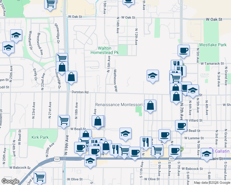 map of restaurants, bars, coffee shops, grocery stores, and more near 1319 Durston Road in Bozeman