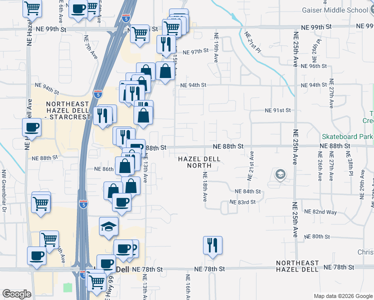 map of restaurants, bars, coffee shops, grocery stores, and more near 1540 Northeast 87th Way in Vancouver