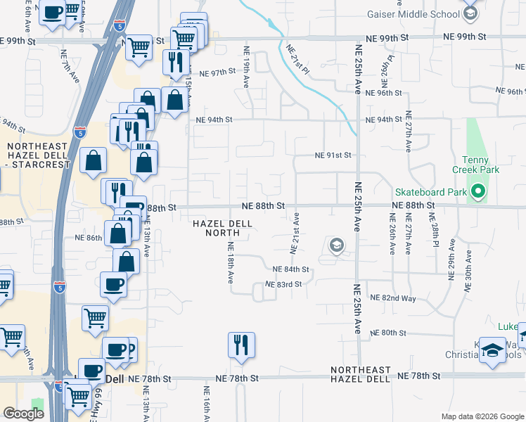 map of restaurants, bars, coffee shops, grocery stores, and more near 1909 Northeast 88th Street in Vancouver