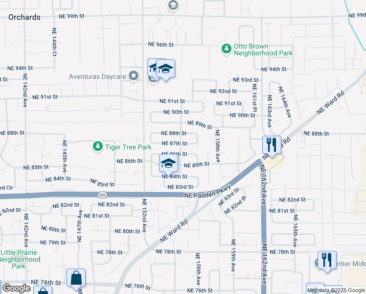 map of restaurants, bars, coffee shops, grocery stores, and more near 15510 Northeast 86th Street in Vancouver