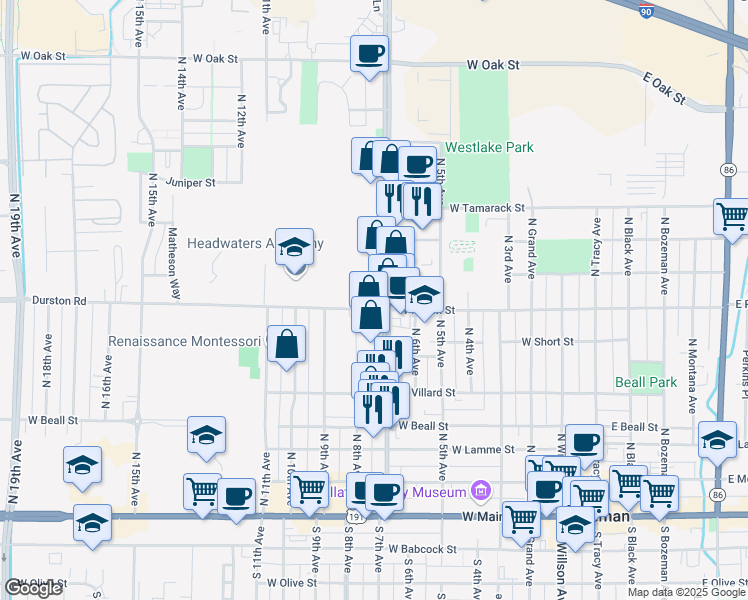 map of restaurants, bars, coffee shops, grocery stores, and more near in Bozeman