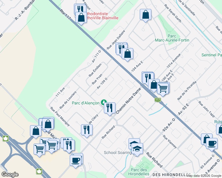 map of restaurants, bars, coffee shops, grocery stores, and more near in Blainville