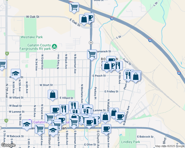 map of restaurants, bars, coffee shops, grocery stores, and more near 544 Montana 86 in Bozeman