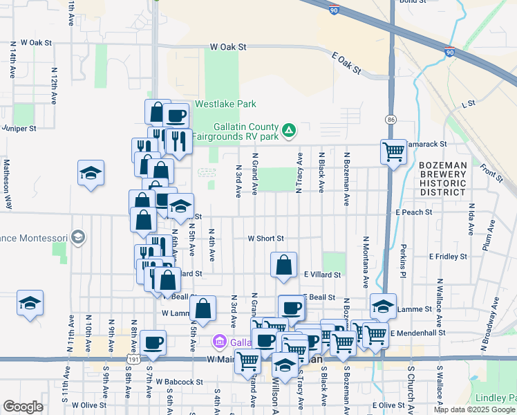 map of restaurants, bars, coffee shops, grocery stores, and more near 201 West Peach Street in Bozeman