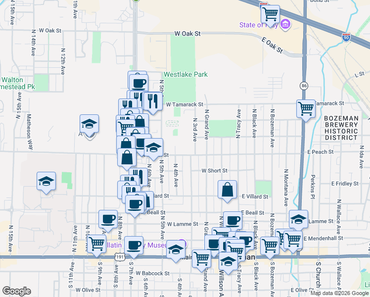 map of restaurants, bars, coffee shops, grocery stores, and more near 312 West Peach Street in Bozeman