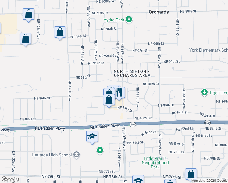 map of restaurants, bars, coffee shops, grocery stores, and more near 13513 Northeast 87th Street in Vancouver