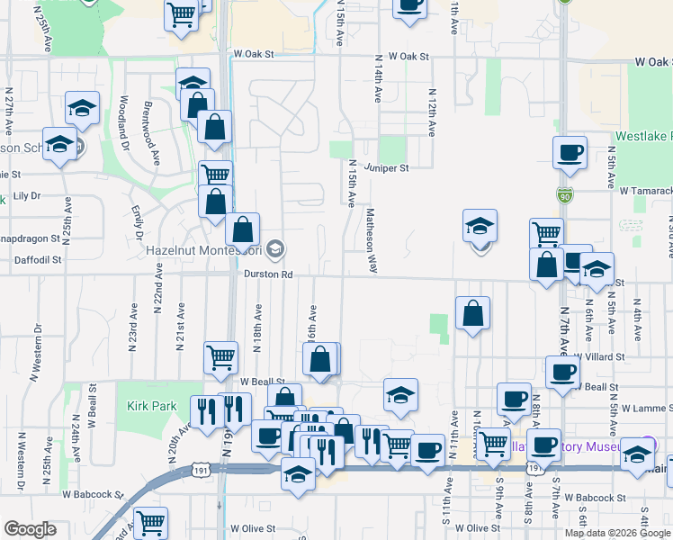 map of restaurants, bars, coffee shops, grocery stores, and more near 519 North 15th Avenue in Bozeman