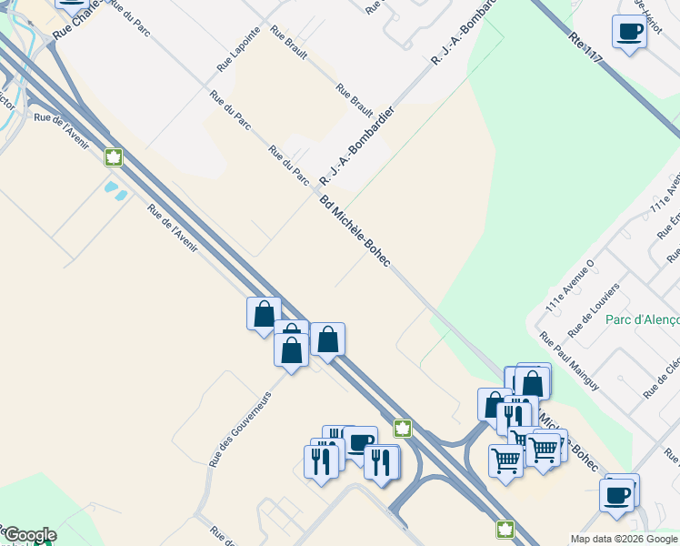 map of restaurants, bars, coffee shops, grocery stores, and more near 31 Rue Jean-Paul-Cayer in Blainville