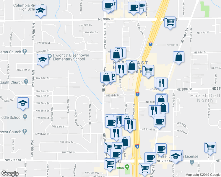 map of restaurants, bars, coffee shops, grocery stores, and more near 8801 Northeast Hazel Dell Avenue in Vancouver