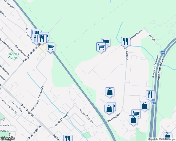 map of restaurants, bars, coffee shops, grocery stores, and more near 505 Rue Fernand Poitras in Terrebonne