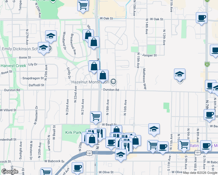 map of restaurants, bars, coffee shops, grocery stores, and more near 517 North 17th Avenue in Bozeman