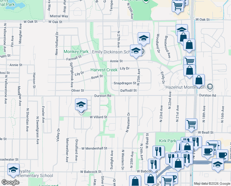 map of restaurants, bars, coffee shops, grocery stores, and more near 2752 Durston Road in Bozeman