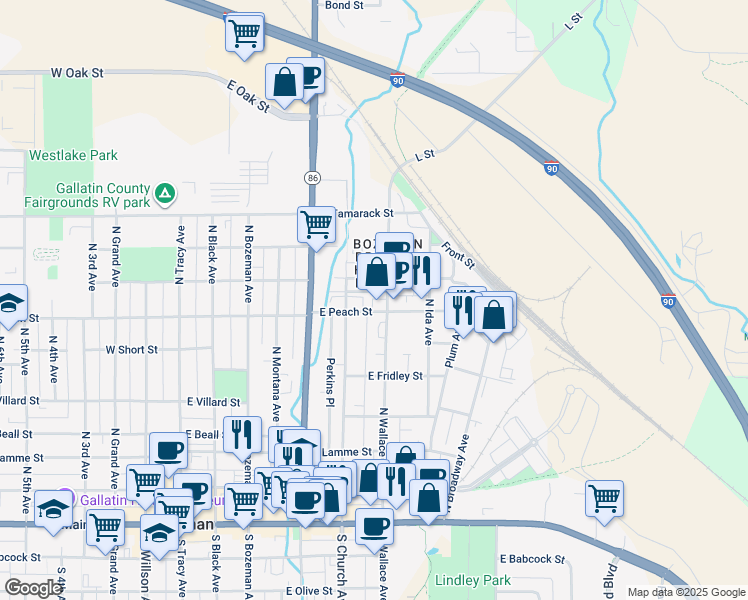 map of restaurants, bars, coffee shops, grocery stores, and more near 611 North Wallace Avenue in Bozeman