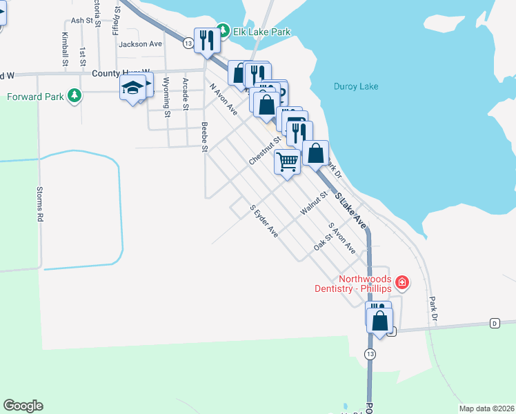 map of restaurants, bars, coffee shops, grocery stores, and more near 235 South Eyder Avenue in Phillips