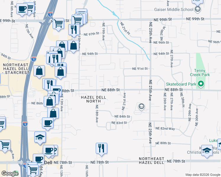 map of restaurants, bars, coffee shops, grocery stores, and more near 1909 Northeast 88th Street in Vancouver