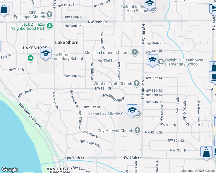 map of restaurants, bars, coffee shops, grocery stores, and more near 1304 Northwest Westridge Street in Vancouver