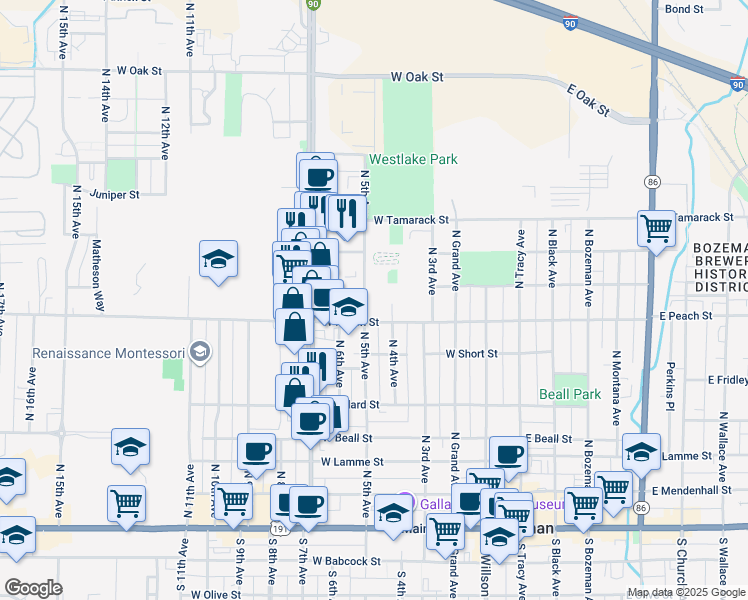map of restaurants, bars, coffee shops, grocery stores, and more near 605 North 5th Avenue in Bozeman