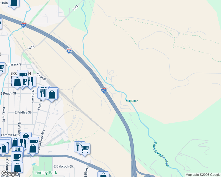 map of restaurants, bars, coffee shops, grocery stores, and more near 1410 Bohart Lane in Bozeman