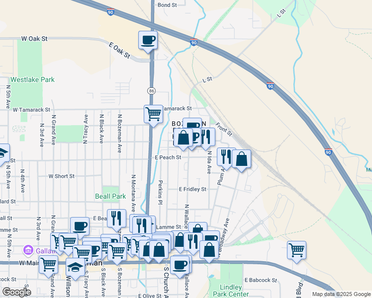 map of restaurants, bars, coffee shops, grocery stores, and more near 511 North Wallace Avenue in Bozeman