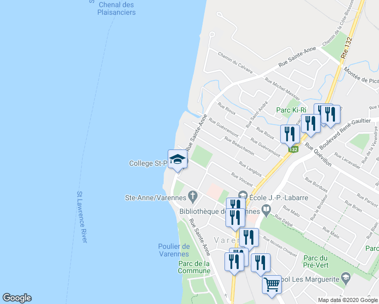 map of restaurants, bars, coffee shops, grocery stores, and more near 267 Rue Sainte-Anne in Varennes