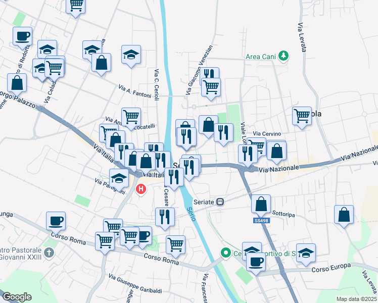 map of restaurants, bars, coffee shops, grocery stores, and more near 19 Via Giacomo Venezian in Seriate
