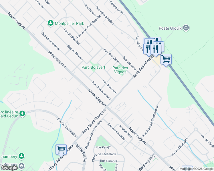 map of restaurants, bars, coffee shops, grocery stores, and more near 2200 Rue Boisvert in Terrebonne