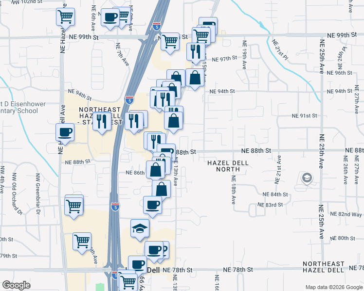 map of restaurants, bars, coffee shops, grocery stores, and more near 1304 Northeast 88th Street in Vancouver