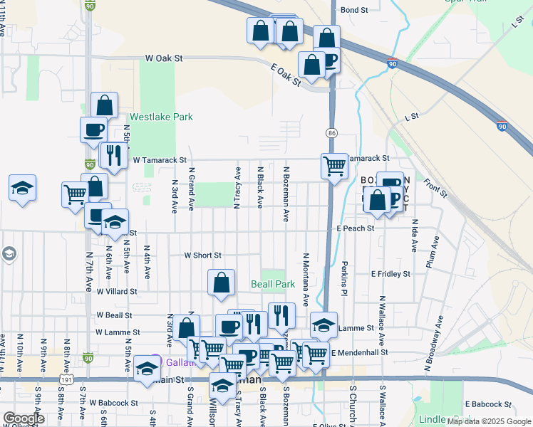 map of restaurants, bars, coffee shops, grocery stores, and more near 711 North Black Avenue in Bozeman