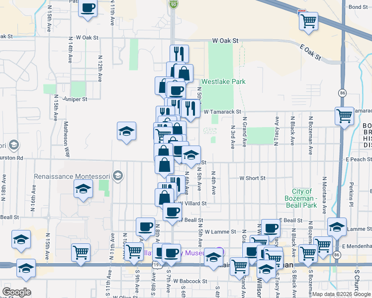 map of restaurants, bars, coffee shops, grocery stores, and more near 713 North 5th Avenue in Bozeman