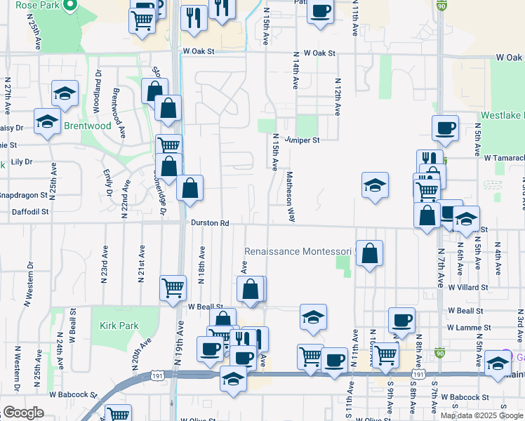 map of restaurants, bars, coffee shops, grocery stores, and more near 723 North 15th Avenue in Bozeman