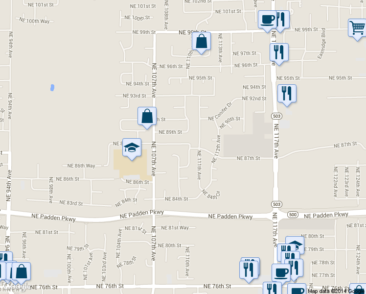 map of restaurants, bars, coffee shops, grocery stores, and more near 10909 Northeast 89th Street in Vancouver