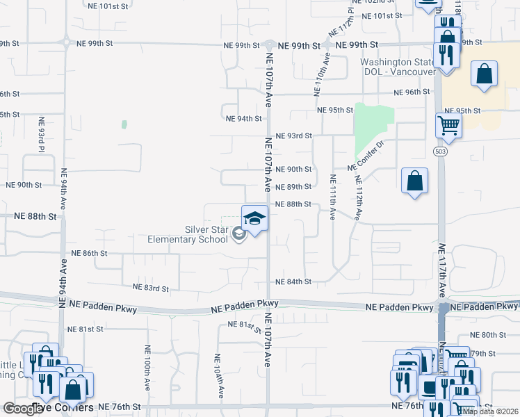 map of restaurants, bars, coffee shops, grocery stores, and more near 10515 Northeast 89th Circle in Vancouver