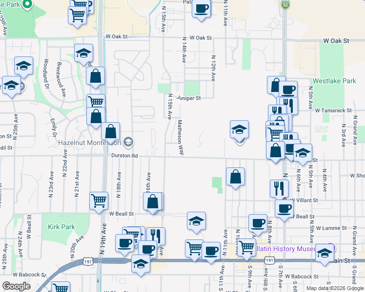 map of restaurants, bars, coffee shops, grocery stores, and more near 714 Matheson Way in Bozeman