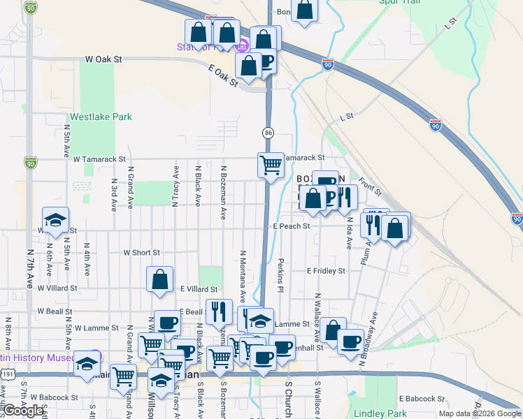 map of restaurants, bars, coffee shops, grocery stores, and more near 708 Montana 86 in Bozeman