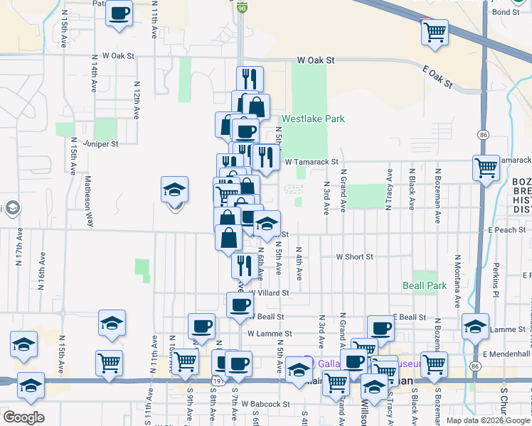 map of restaurants, bars, coffee shops, grocery stores, and more near 713 North 5th Avenue in Bozeman
