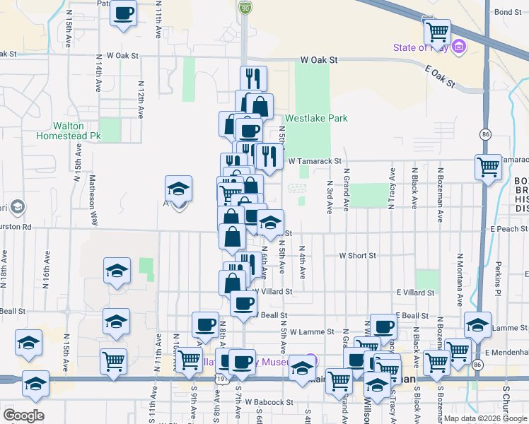 map of restaurants, bars, coffee shops, grocery stores, and more near 713 North 5th Avenue in Bozeman