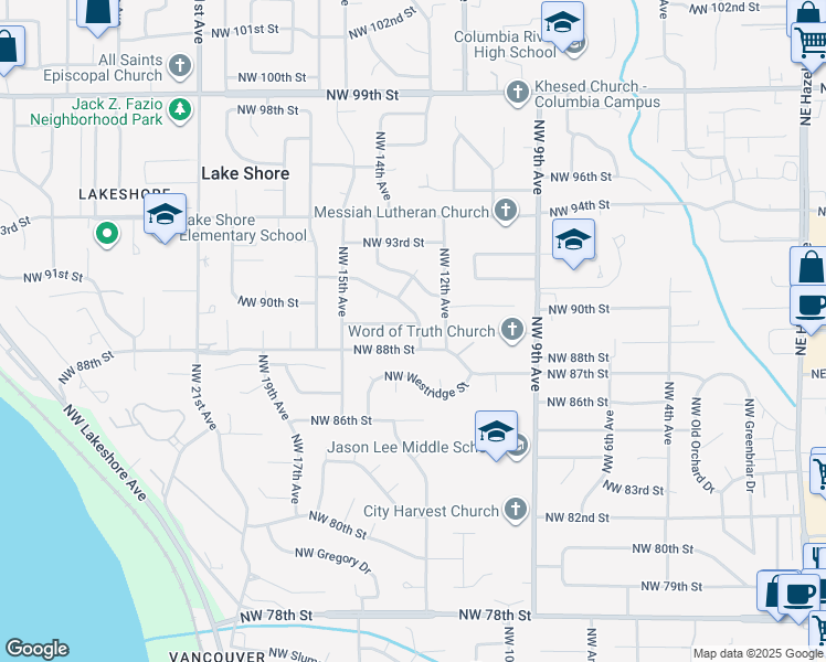 map of restaurants, bars, coffee shops, grocery stores, and more near 1301 Northwest Summit Drive in Vancouver