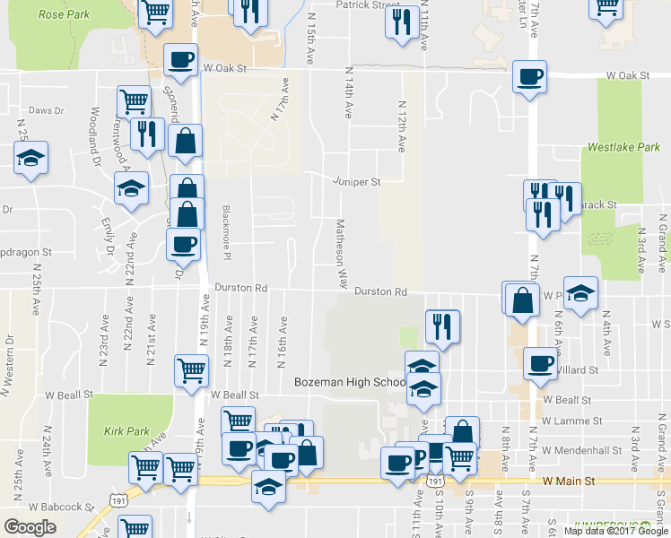 map of restaurants, bars, coffee shops, grocery stores, and more near 1418 Mae Street in Bozeman