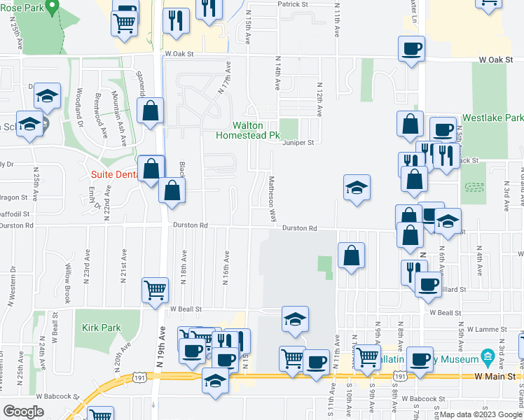 map of restaurants, bars, coffee shops, grocery stores, and more near 1450 Mae Street in Bozeman