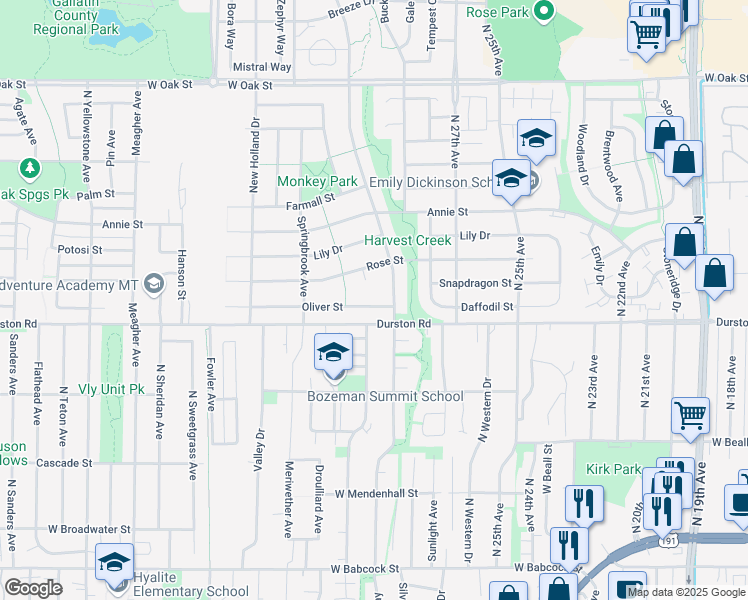 map of restaurants, bars, coffee shops, grocery stores, and more near 2917 Oliver Street in Bozeman
