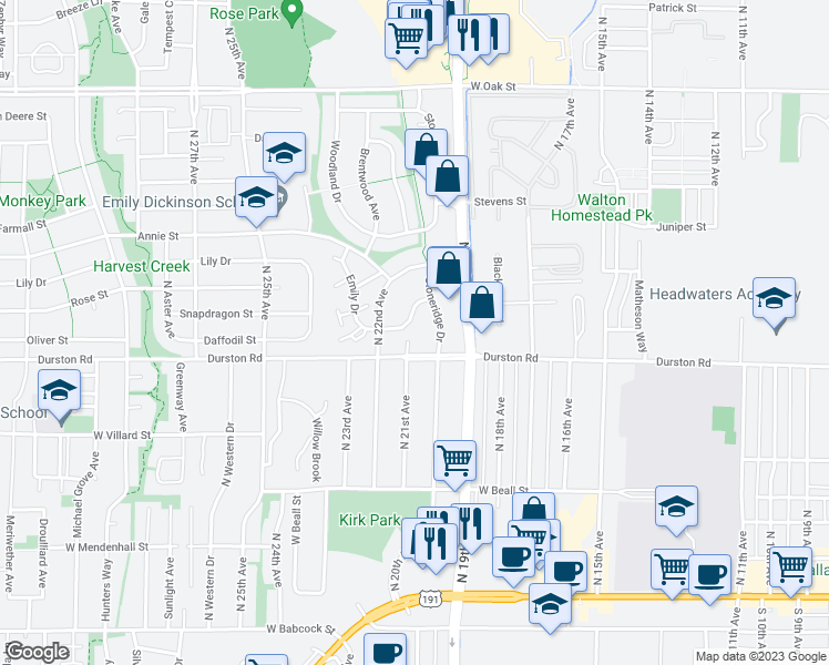map of restaurants, bars, coffee shops, grocery stores, and more near 2101 Durston Road in Bozeman