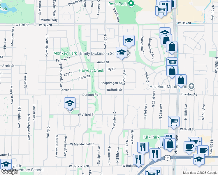 map of restaurants, bars, coffee shops, grocery stores, and more near 2615-2619 Snapdragon Street in Bozeman