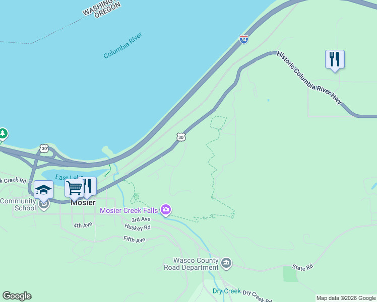 map of restaurants, bars, coffee shops, grocery stores, and more near 106 Cherry Hill Drive in Mosier