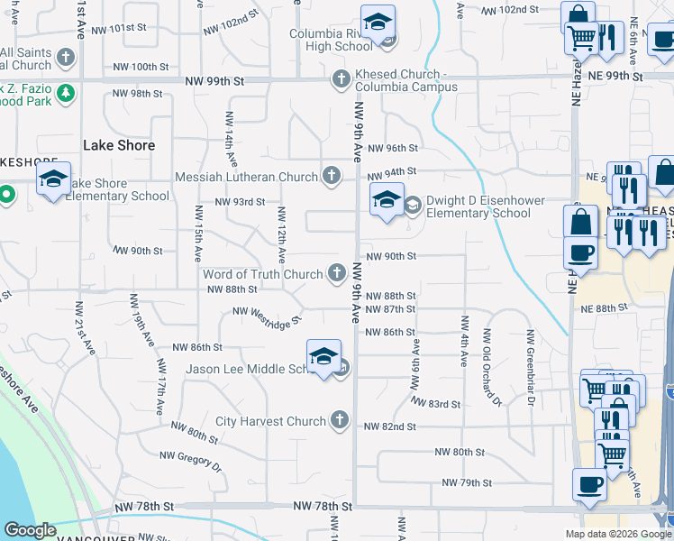 map of restaurants, bars, coffee shops, grocery stores, and more near 918 Northwest 89th Street in Vancouver