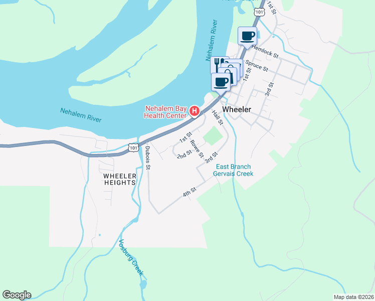 map of restaurants, bars, coffee shops, grocery stores, and more near 1150 1st St in Wheeler