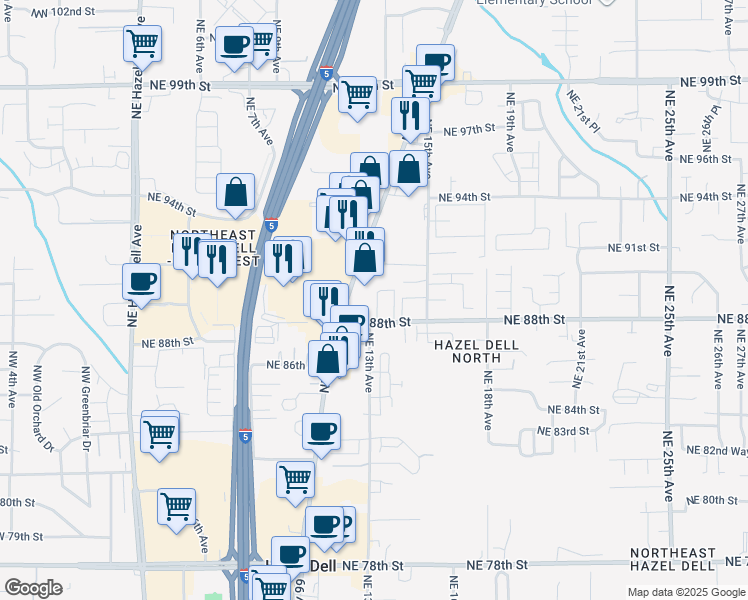 map of restaurants, bars, coffee shops, grocery stores, and more near 1218 Northeast 88th Street in Vancouver
